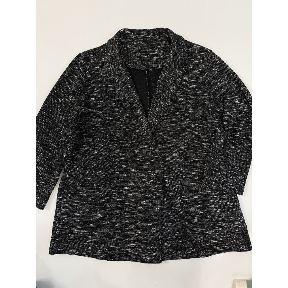 Eileen Fisher Double Breasted Blazer L Tweed Knit Black White Space Dye Preppy
